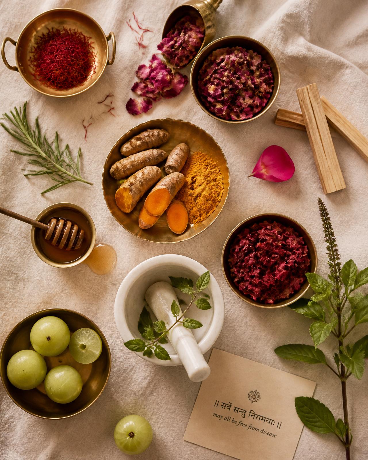 Raw Ayurvedic ingredients — saffron, turmeric, rose, sandalwood, amla, tulsi