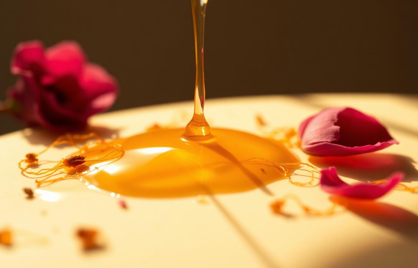 Golden honey dripping over saffron and rose petals